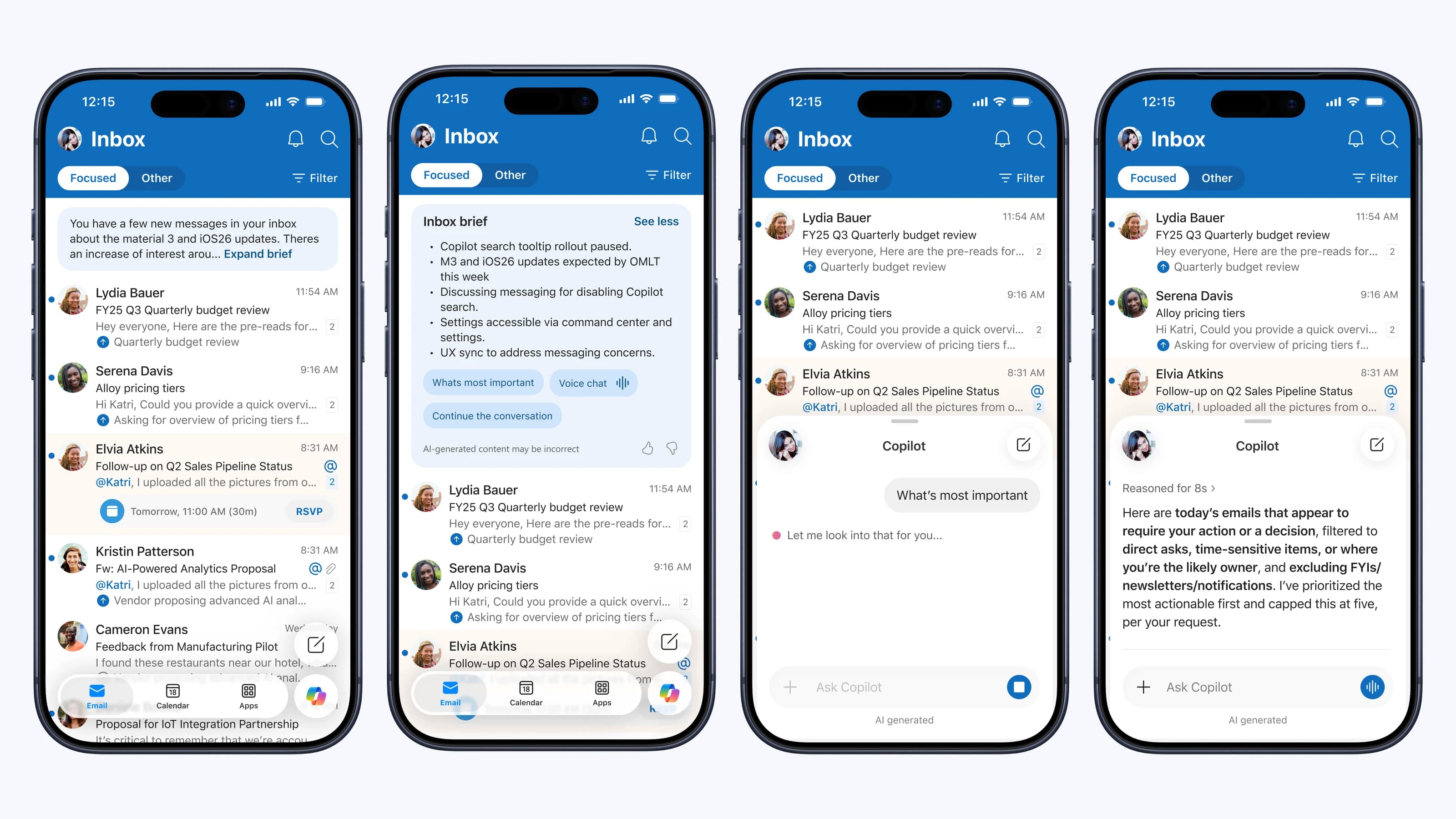 Four iPhone screens of the Outlook inbox on iOS: a short brief above the message list with an “Expand brief” link, the expanded inbox brief with suggested follow-ups, and a Copilot sheet answering “What’s most important” with the day’s emails that need action.