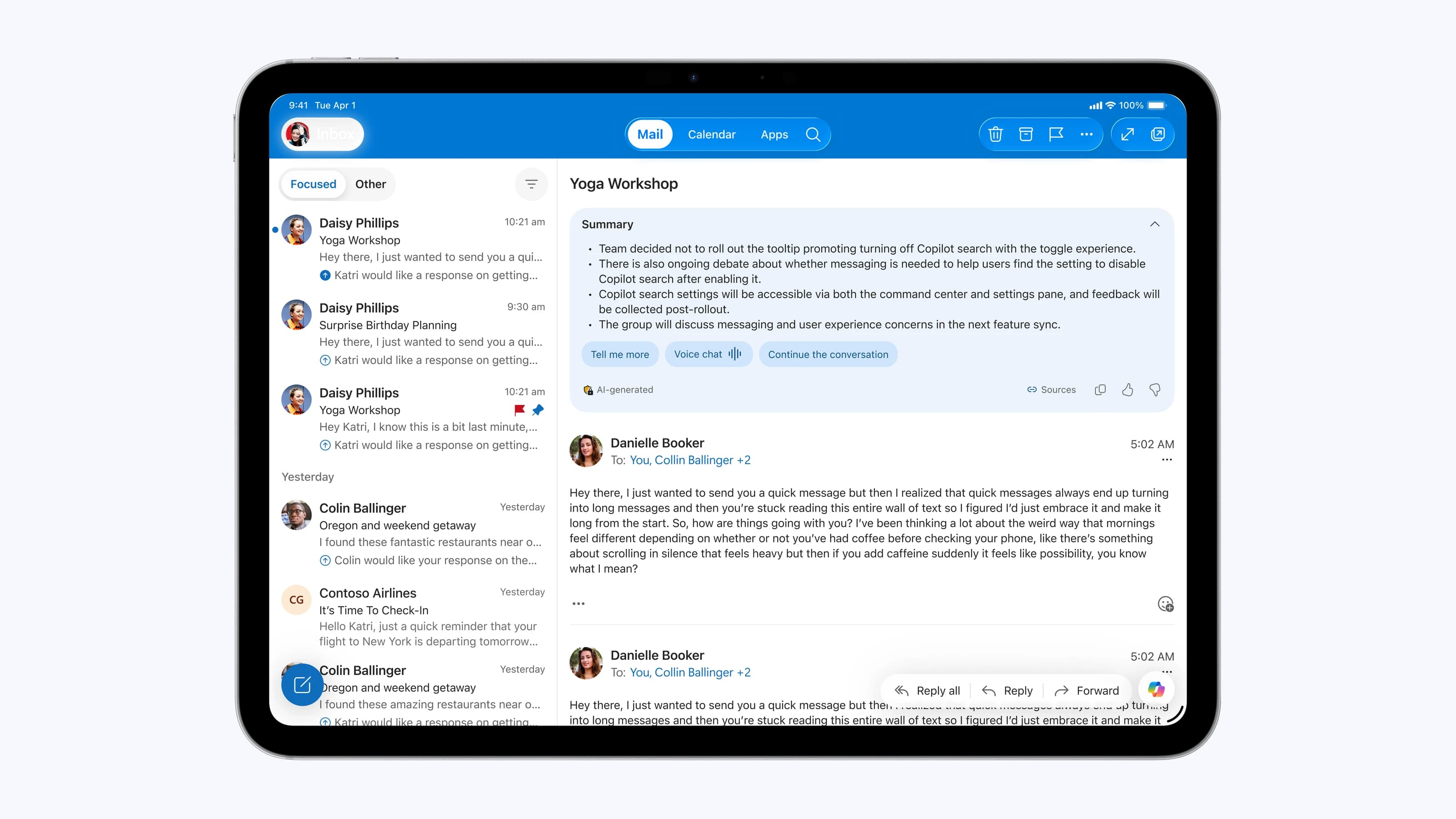 Outlook on iPad: a message list beside an open email, with an expanded summary card above the thread showing key points, suggested follow-ups, and source links.