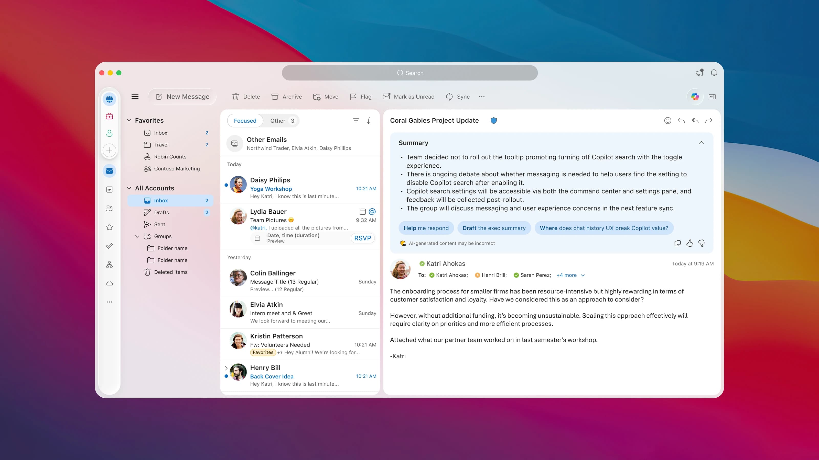 Outlook for Mac on a colorful desktop wallpaper: folders, a message list, and an open email with an expanded summary card above the thread, showing key points and suggested follow-ups.