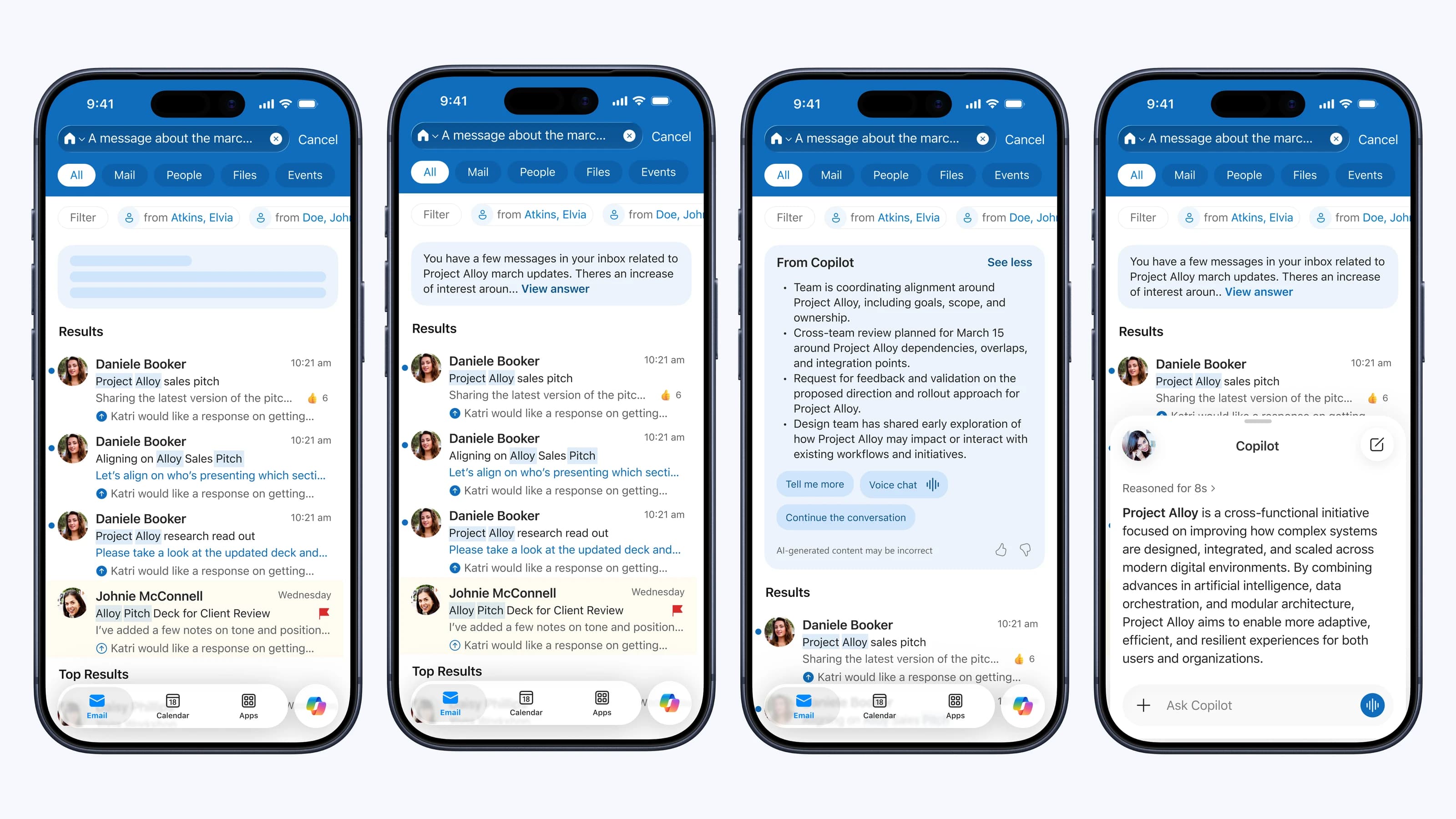 Four iPhone screens of Outlook search on iOS: an answer card loading above the results, a short Copilot answer with a “View answer” link, the expanded answer with suggested follow-ups, and a Copilot sheet continuing the conversation.