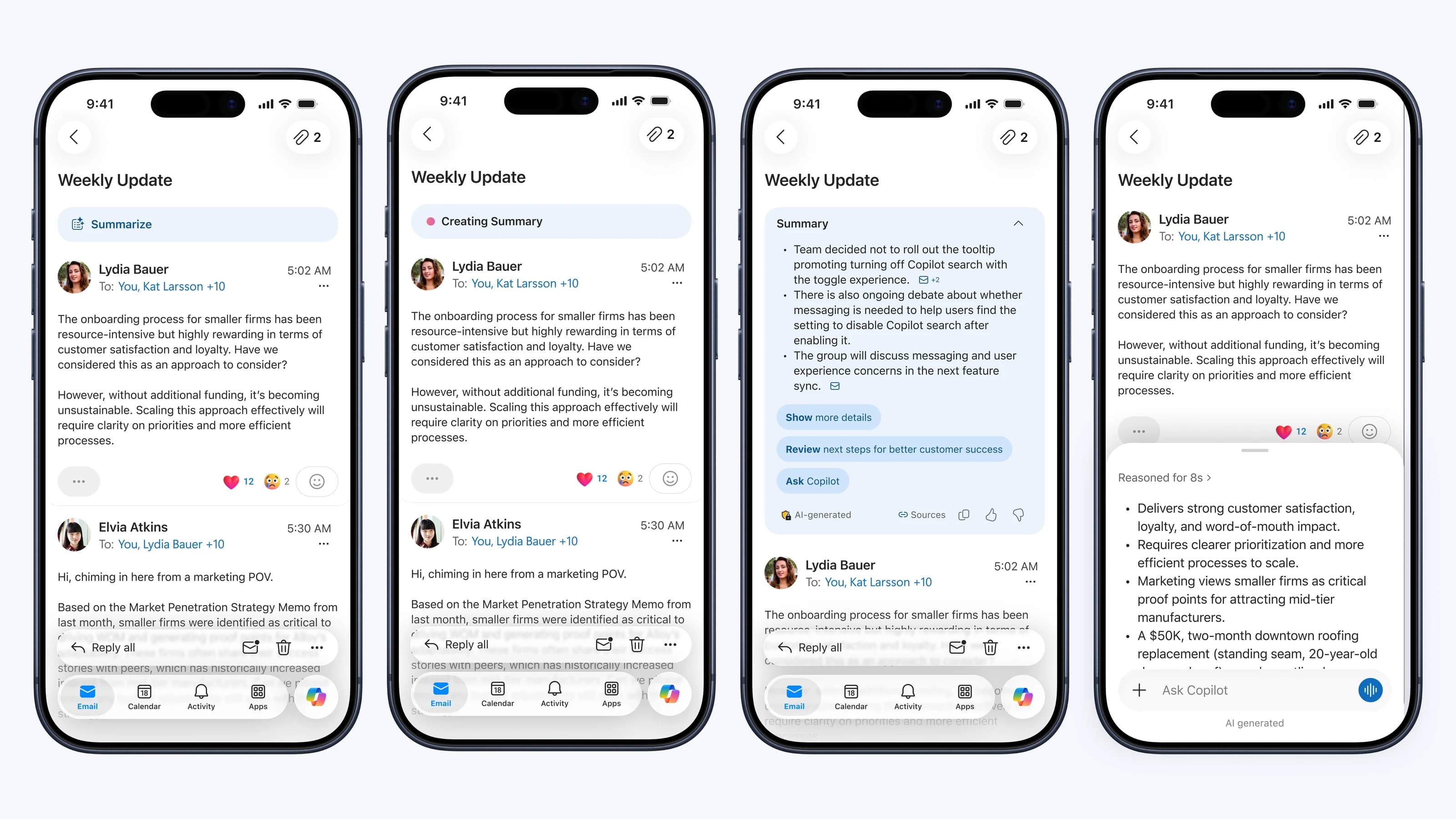 Four iPhone screens of Outlook on iOS: a Summarize button above an email, a “Creating Summary” loading state, an expanded summary card with suggested follow-ups, and a Copilot sheet continuing the conversation.