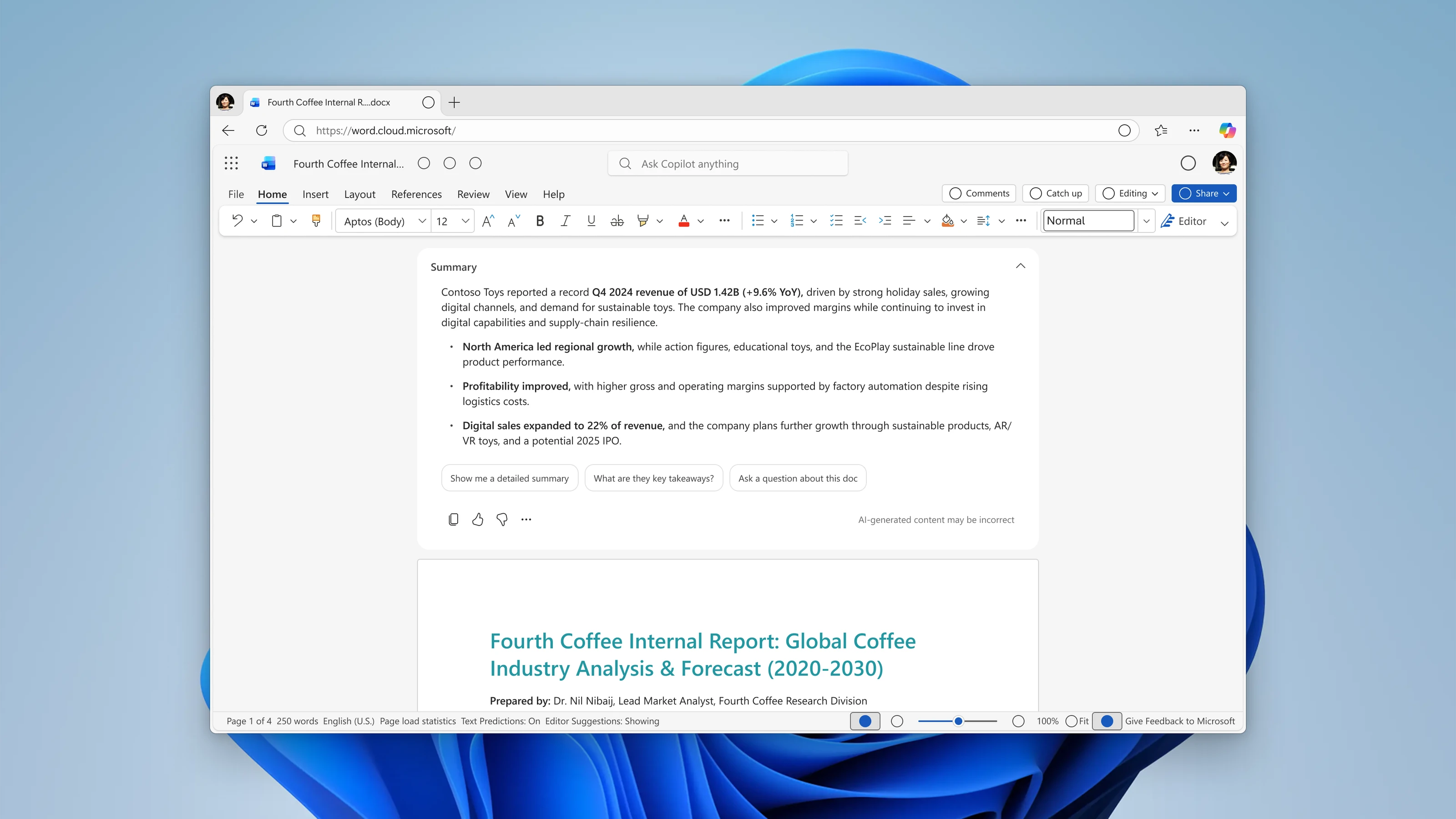 Word for the web in a browser window: an expanded summary card sits at the top of the document, with key points in bold, suggested follow-up questions, and feedback controls.