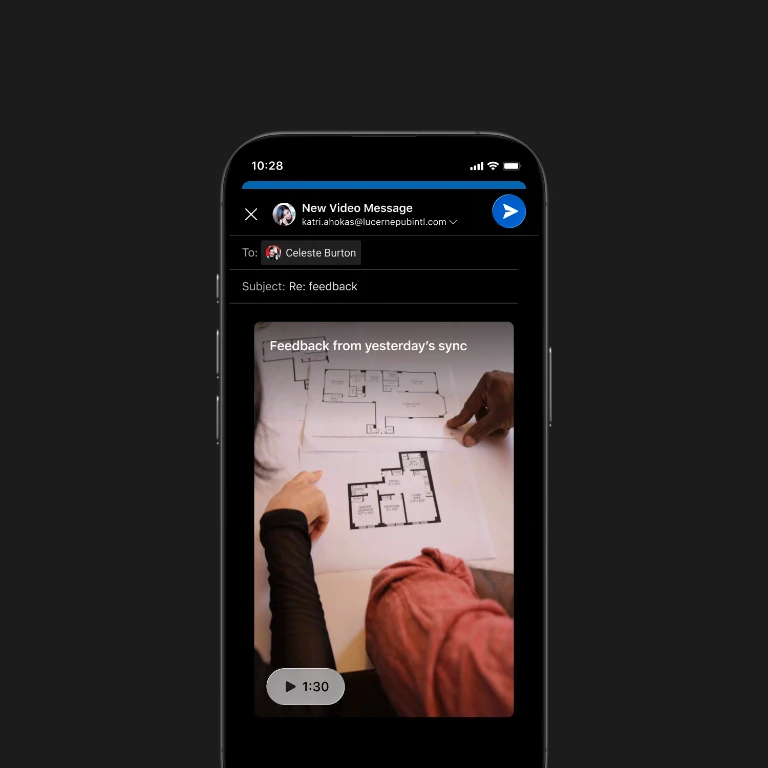 Outlook mobile composing a new video message, with a recorded clip of two people reviewing floor plans.