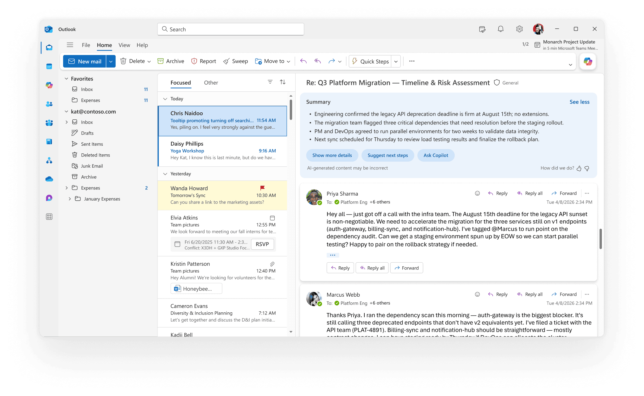Outlook desktop app showing reading pane and message list