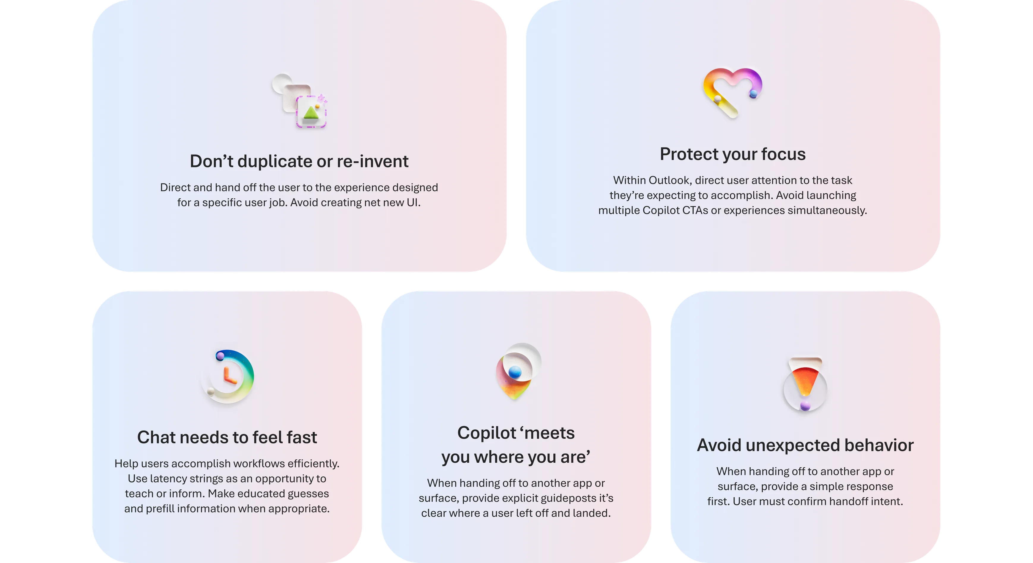Six Copilot-in-Outlook experience principles: don't duplicate or re-invent, protect your focus, chat needs to feel fast, Copilot meets you where you are, and avoid unexpected behavior.
