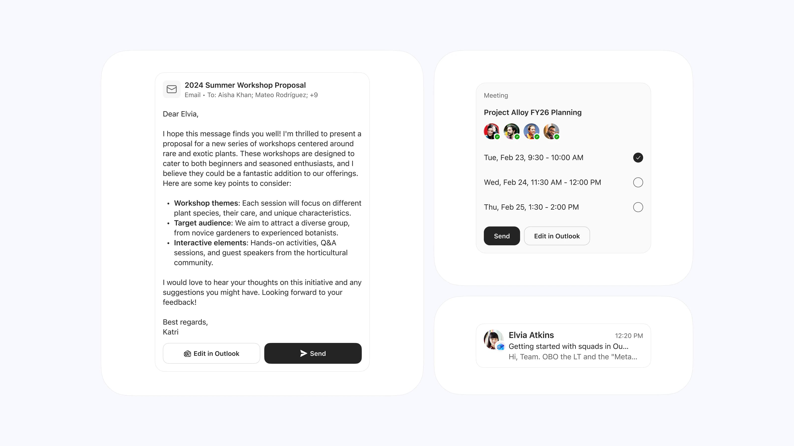 Three Outlook widgets in Copilot Chat: an email compose draft with Edit in Outlook and Send, a meeting scheduler offering time slots, and an email search result.
