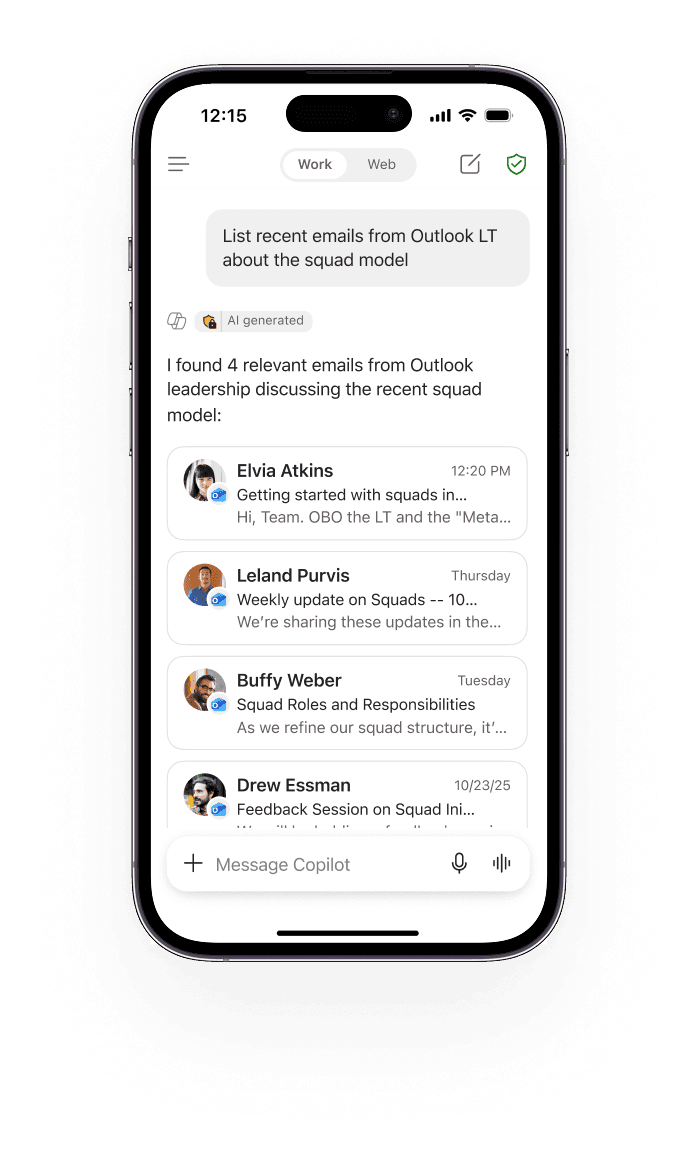 Outlook mobile inbox with Copilot chat