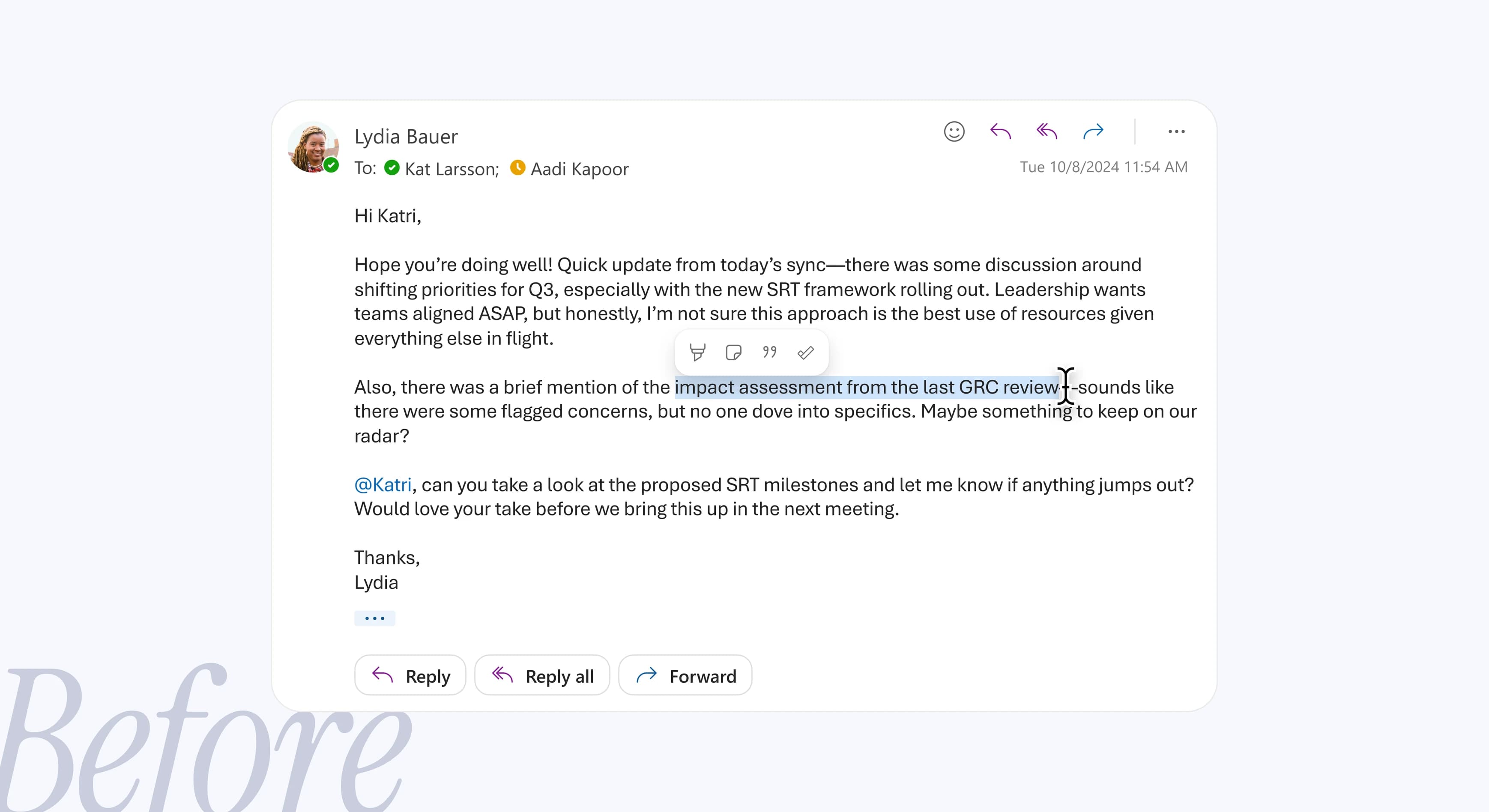 An email in Outlook with a passage selected. A small toolbar of text tools sits above the selection, with no Copilot option.