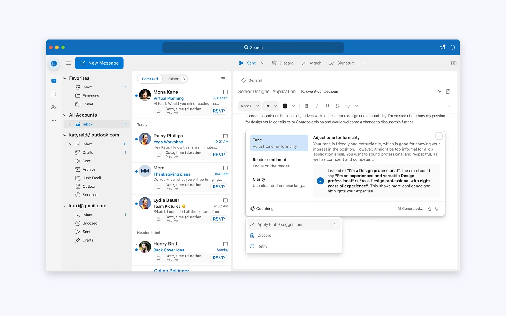 Coaching in Outlook on desktop, suggesting tone and clarity improvements.