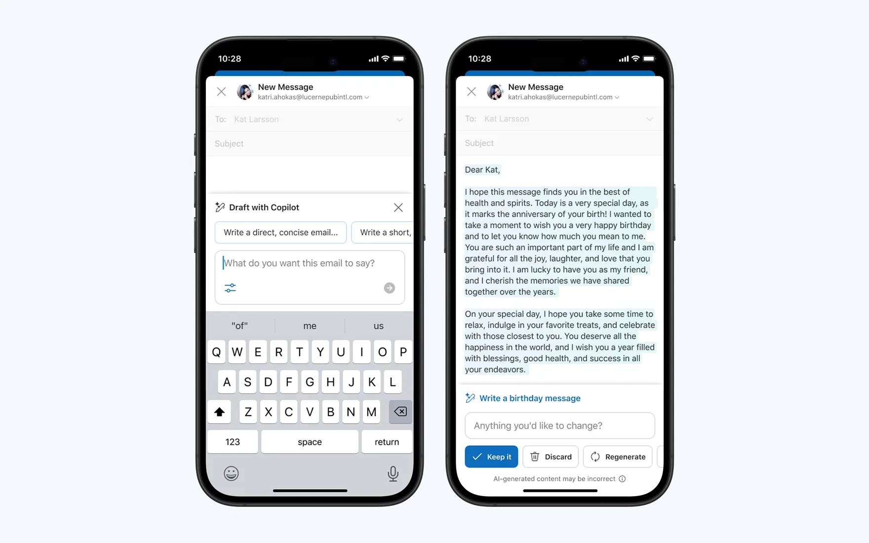 Draft with Copilot on Outlook mobile, generating an email from a prompt.