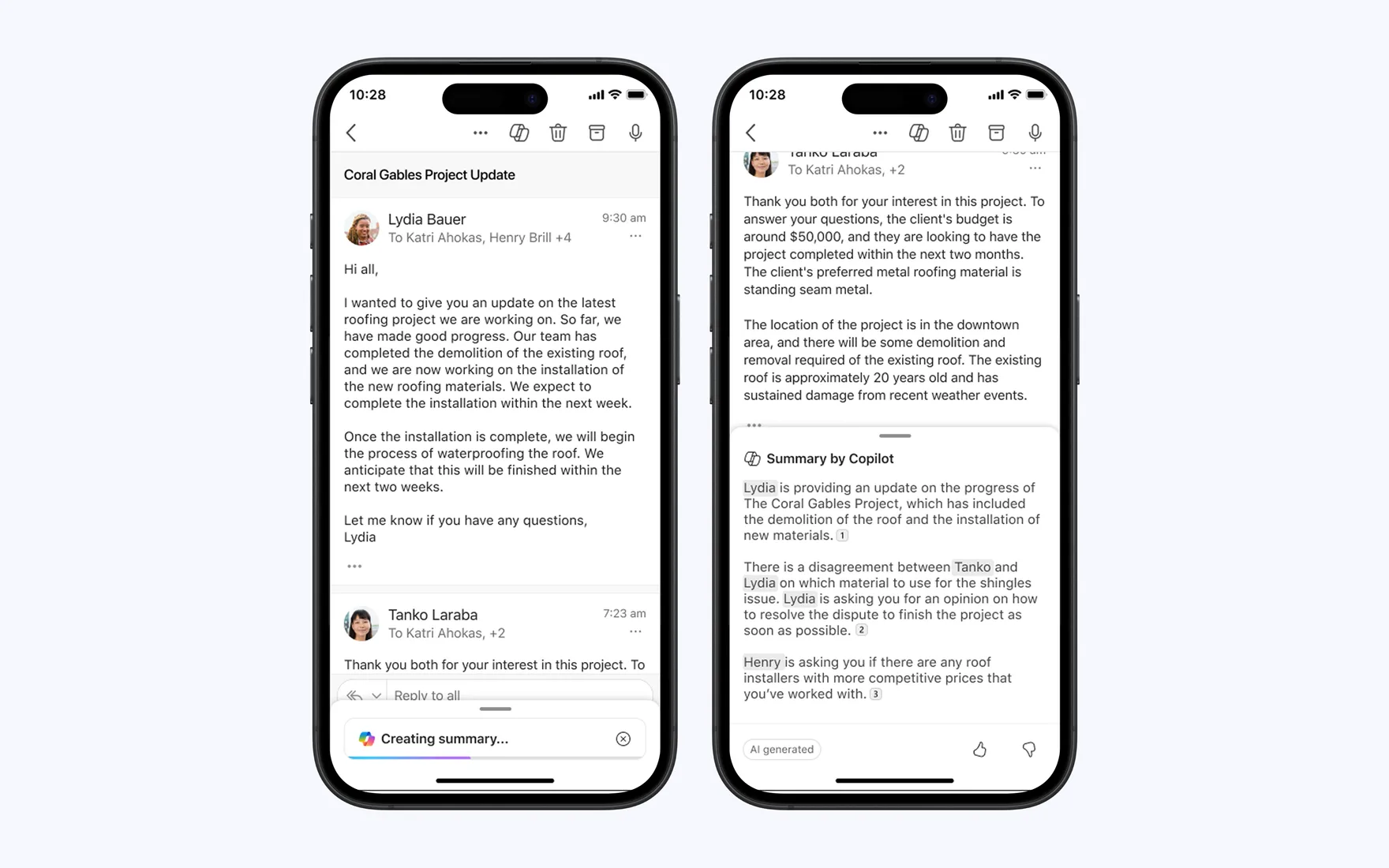 Summary by Copilot on Outlook mobile, condensing a long email thread.
