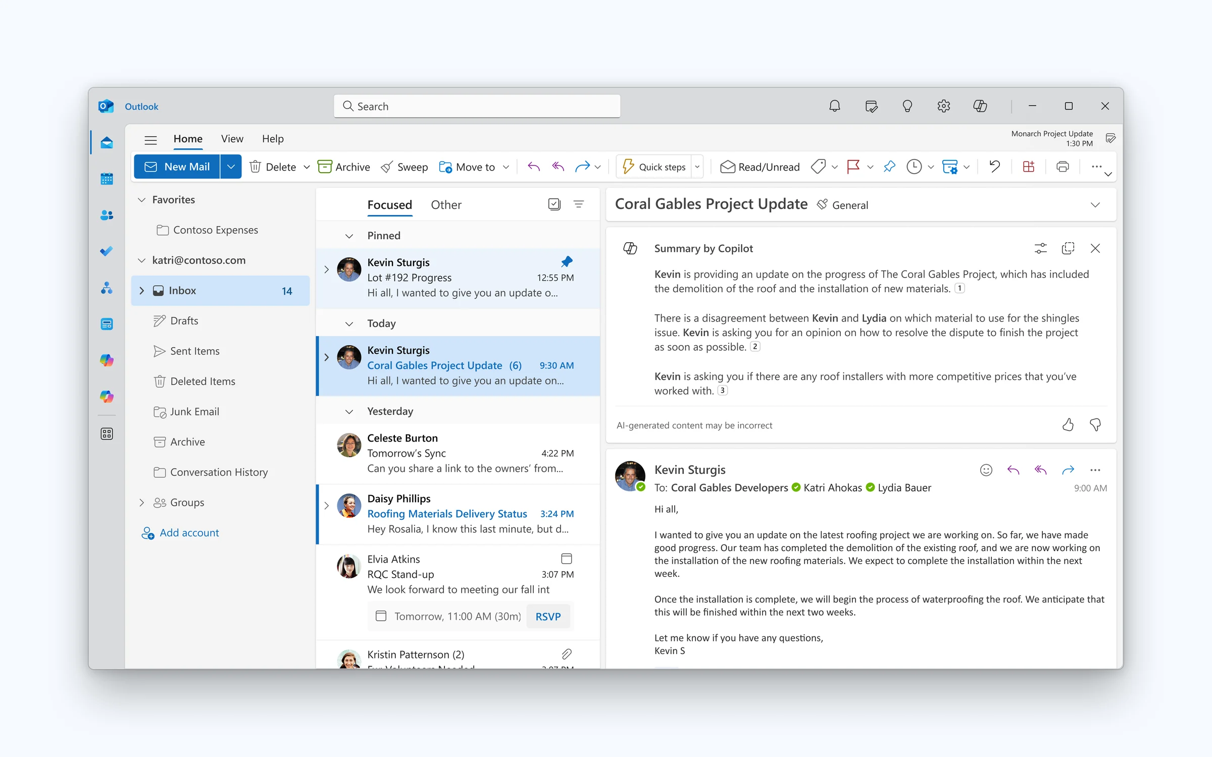 An expanded Summary by Copilot card above the email, with three short paragraphs and numbered citations.