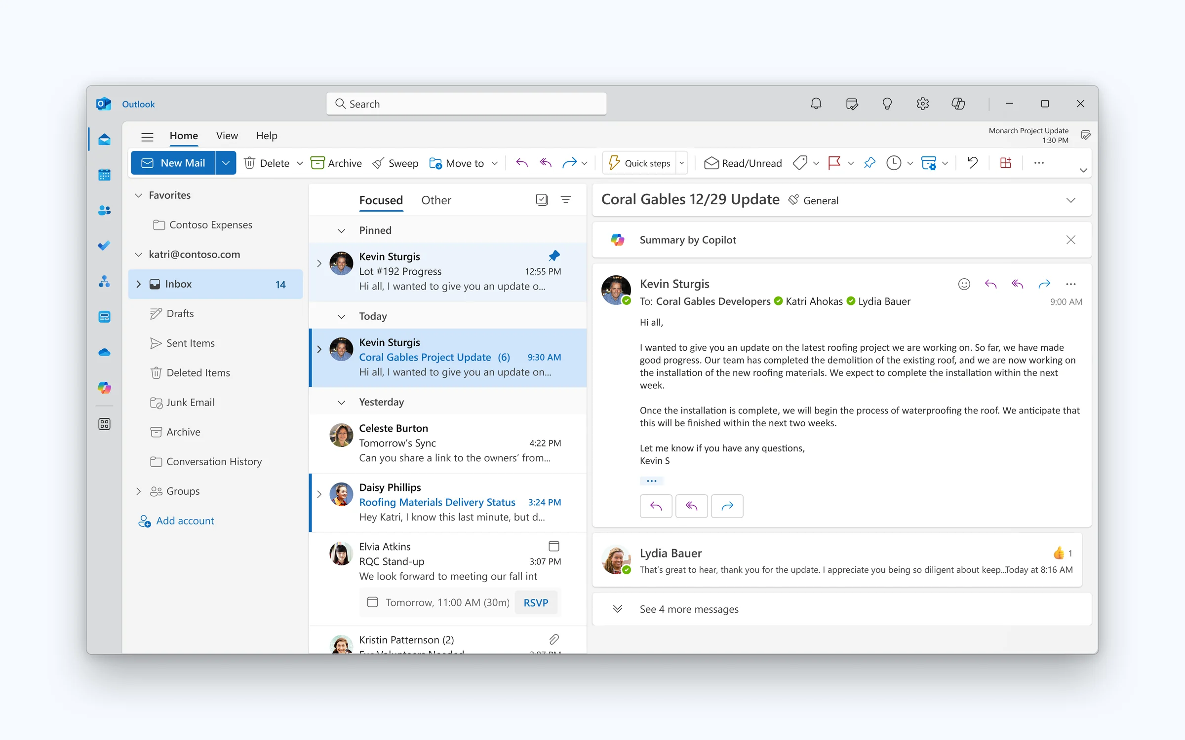 Outlook on desktop with a collapsed “Summary by Copilot” bar above an open email.