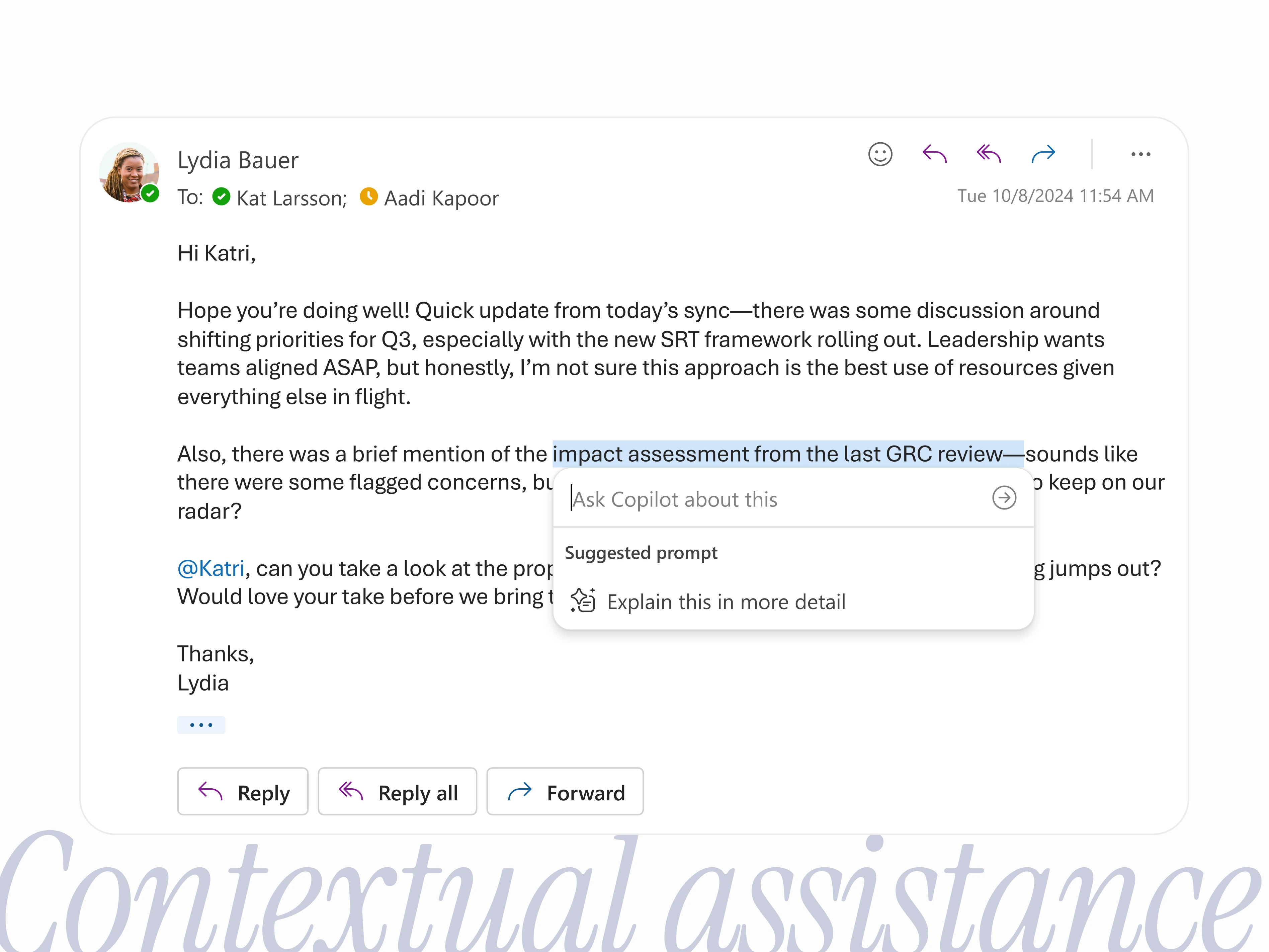 An Outlook email with a passage selected and a mini prompt below it: an “Ask Copilot about this” input above the suggested prompt “Explain this in more detail.”